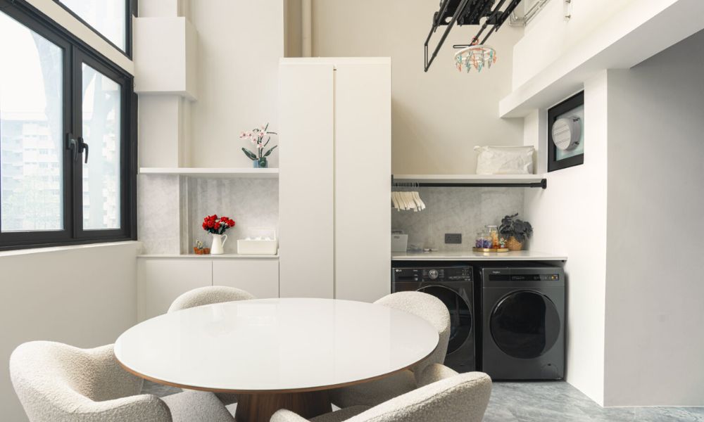 small condo unit for rental, compact pantry, laundry area and living space