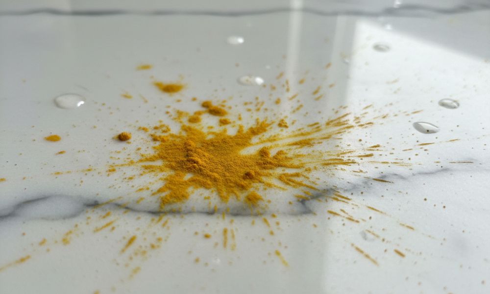 turmeric powder kunyit stains on the stone countertop