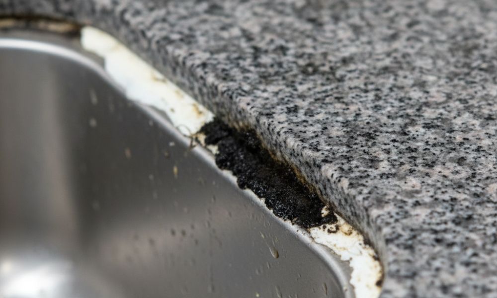 black mould on silicone sealant kitchen sink, stone countertop