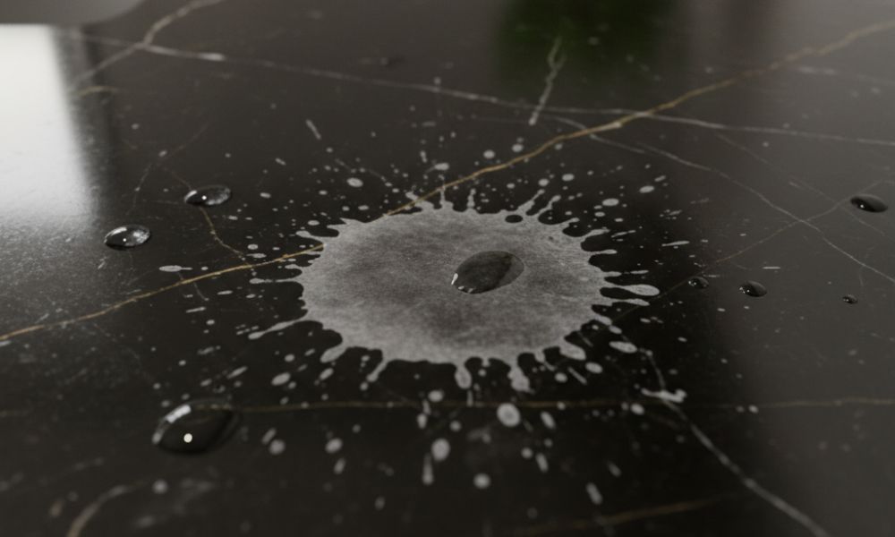 chemical etching on black compressed marble countertop