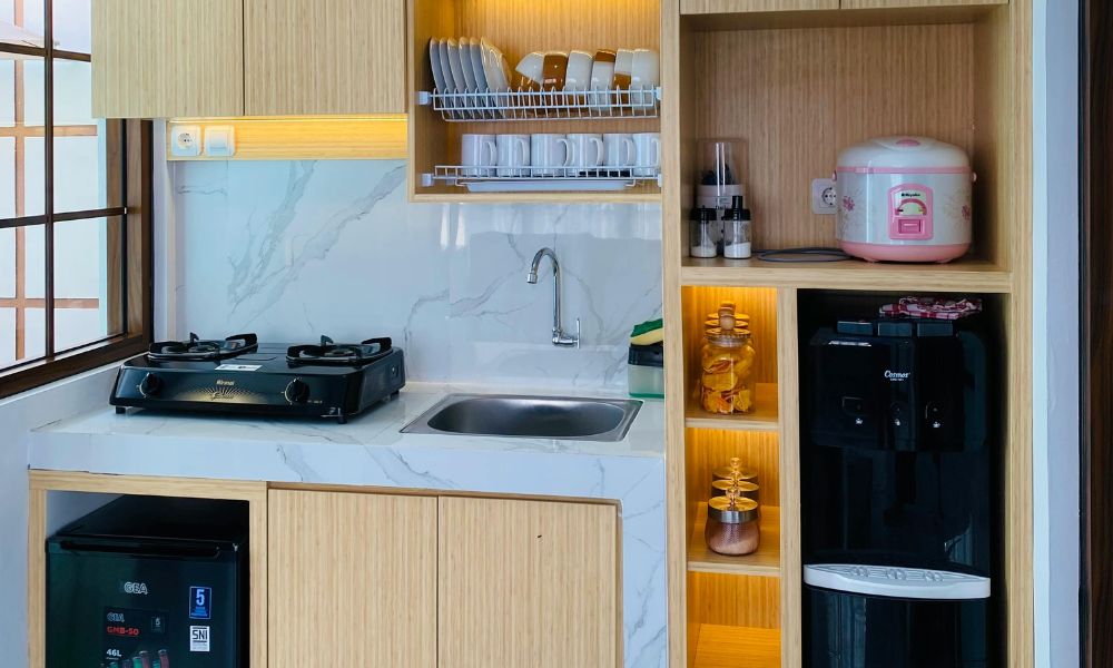 small kitchen for condo living, built-in cabinets for maximising storage space
