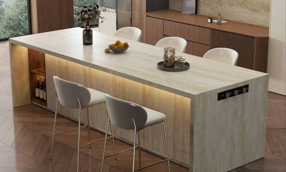 clean quartz kitchen island, with storage
