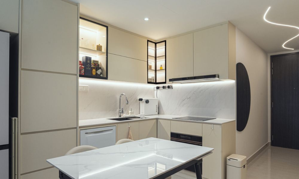 Minimalist kitchen white sintered stone table and countertop