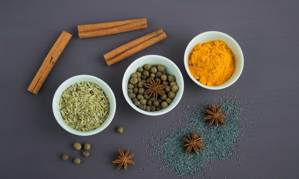 types of spices - turmeric, cinnamon, star anise, and other spices