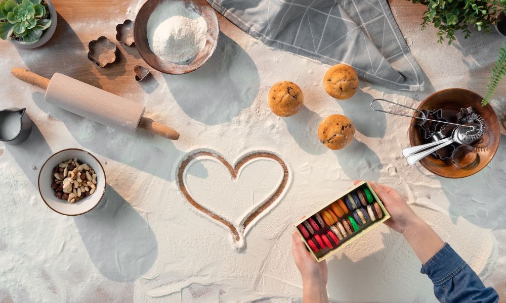 food preparation, baking flour and ingredients on wooden table