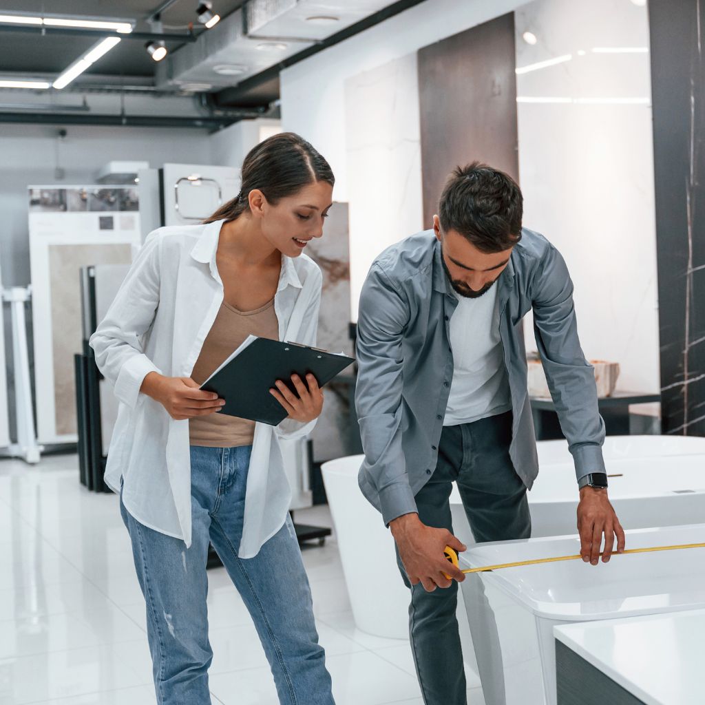 professional countertop suppliers taking measurements of the kitchen countertop