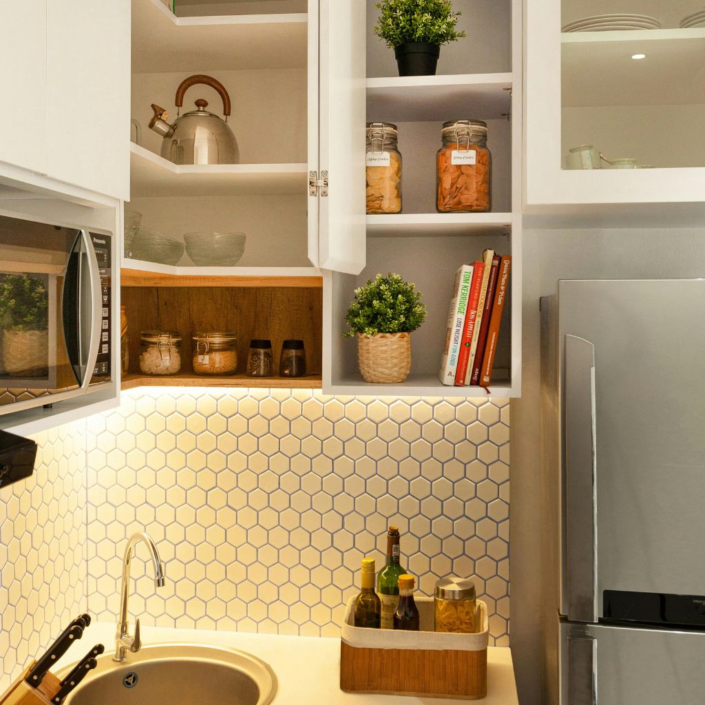 small kitchen pantry with decorative shelving