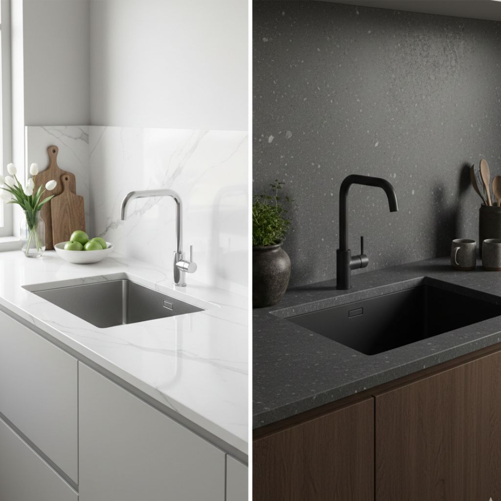 white and black quartz and sintered stone countertop