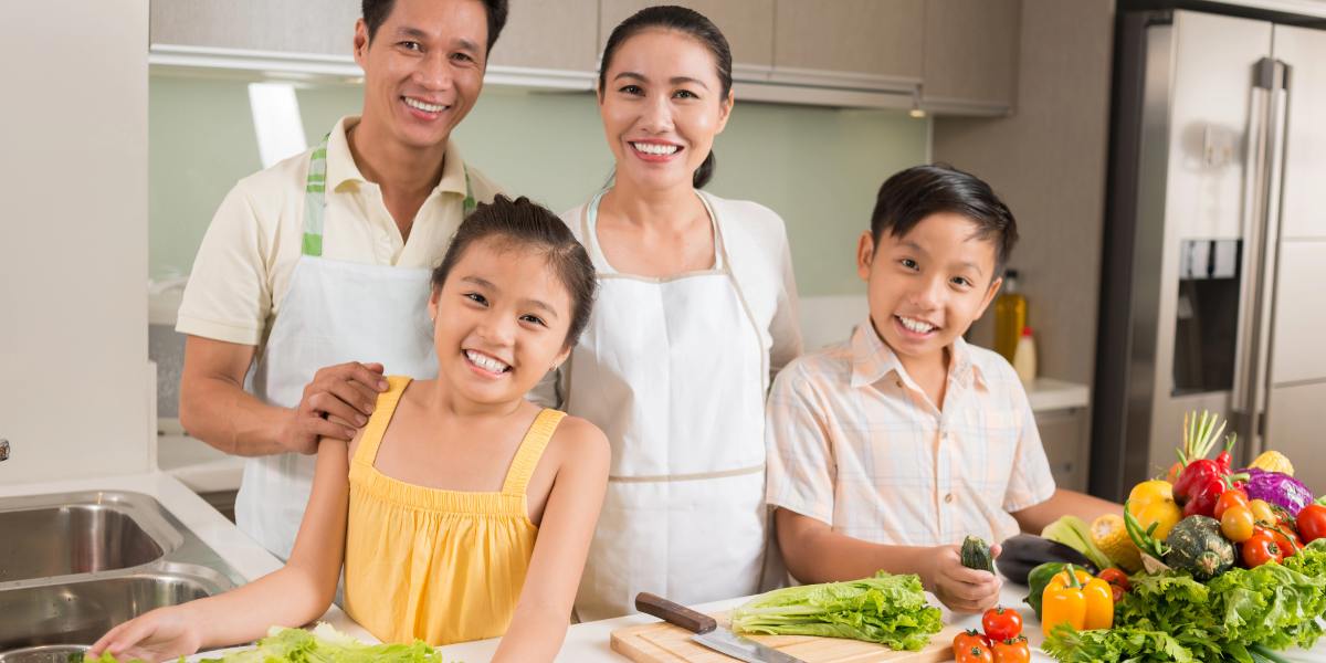 happy asian familiar on kitchen countertop no vocs